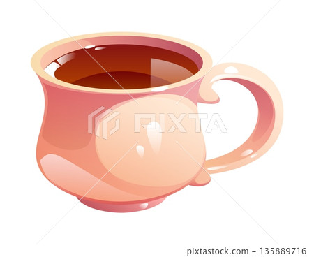 Cartoon tea cup drink. Ceramic cup filled with hot tea beverage in a warm brown shade. Black or herbal tea with flower aroma in glossy mug. Vector chinese teacup with handle with hot breakfast drink 135889716
