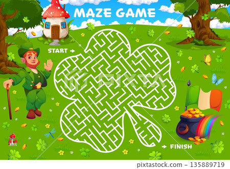 Happy St Patrick day labyrinth maze kids game worksheet, cartoon vector puzzle quiz. Labyrinth maze game for kids to help leprechaun to find way or road for gold coins pot and Irish flag of St Patrick 135889719