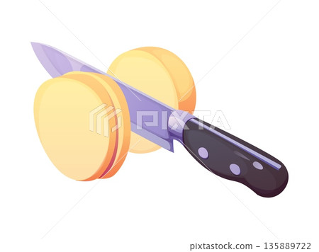 Knife cutting a potato on circular slices, representing cooking preparation process. Cartoon vector ripe potato vegetable tuber is being cut with a sharp knife. Culinary, kitchen, home food meals cook 135889722