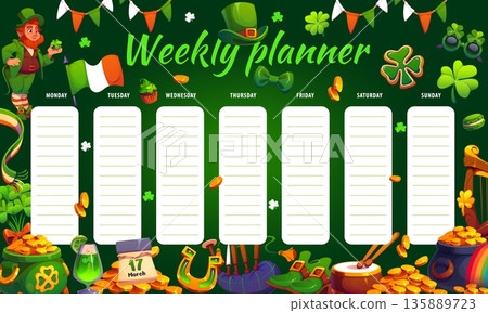 Weekly planner schedule with irish St Patrick's day holiday characters. Education timetable, agenda or daily schedule vector template with St Patrick's leprechaun, clovers, golden coins in pot, sweets 135889723