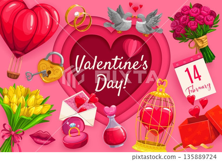 Paper cut happy Valentine day greeting card with papercut red heart. 3d vector romantic holiday banner with tulips, roses, wedding rings, love envelope, key and lock, potion, doves, gift box, balloon Paper cut happy Valentine day greeting card with papercut red heart. 3d vector romantic holiday banner with tulips, roses, wedding rings, love envelope, key and lock, potion, doves, gift box, balloon 135889724