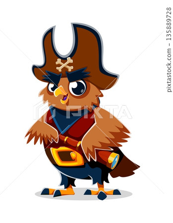 Cartoon owl bird pirate crew character Holding spyglass. Captain and corsair sailor owlet wearing a tricorn hat. Isolated adventurous swashbuckler woodland zoo personage, ready for maritime adventures 135889728