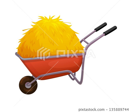 Cartoon farm wheelbarrow filled with a heap of golden yellow hay. Isolated vector rustic farming stray harvest, symbolizing agriculture and countryside work, rural autumn decoration or farm life 135889744