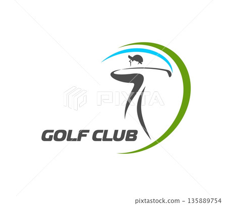 Golf sport club icon or abstract emblem. Sport league graphic vector sign, golf tournament abstract emblem. Golfer club icon or game competition symbol with man player swinging club 135889754