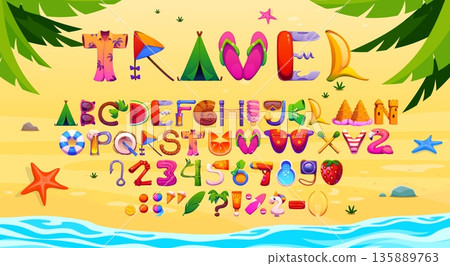 Summer font, travel vacation cartoon typeface letters. Playful beach alphabet abc characters, symbols and and numbers crafted from fruits, swimsuits, beachwear, umbrellas, sandcastles and ocean motifs Summer font, travel vacation cartoon typeface letters. Playful beach alphabet abc characters, symbols and and numbers crafted from fruits, swimsuits, beachwear, umbrellas, sandcastles and ocean motifs 135889763