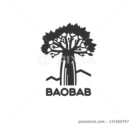 Baobab tree graphic icon, abstract emblem. Savannah travel agency vector symbol, African nature park journey monochrome icon. Madagascar trip or safari adventure emblem with baobab tree 135889767
