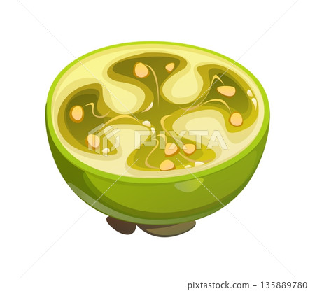 Cartoon tropical ripe raw feijoa fruit half . Isolated vector halved green exotic plant with smooth skin, soft, juicy translucent pulp and edible seeds. Aromatic, sweet tart fruit rich in vitamins Cartoon tropical ripe raw feijoa fruit half . Isolated vector halved green exotic plant with smooth skin, soft, juicy translucent pulp and edible seeds. Aromatic, sweet tart fruit rich in vitamins 135889780
