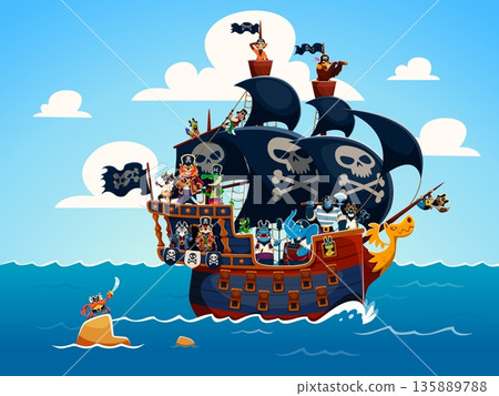 Cartoon animal pirate characters crew aboard on frigate ship with dark sails, flags and lookout towers. Corsair crocodile, elephant warrior, parrot, bear, monkey, tiger and lion, raccoon, hippo, eagle 135889788