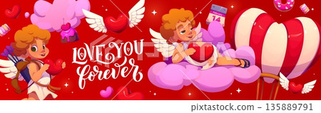 Valentine day banner with playful cupids holding hearts, surrounded by flying sweets, calendar hearts, and a heart shaped hot air balloon, with love you forever elegant text on vibrant red background 135889791