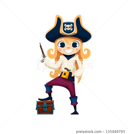 Cartoon kid girl pirate corsair with treasure chest, wielding a pistol, donning a captain tricorn hat with a skull emblem. Vector little rover child hiding loot on secret island in sea or playing game 135889793