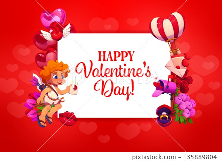 Happy Valentine's day greeting card. Romantic day vector banner, Saint Valentine party greeting card. Love holiday flyer with cupid character, love letter, air balloon and engagement ring, flowers Happy Valentine's day greeting card. Romantic day vector banner, Saint Valentine party greeting card. Love holiday flyer with cupid character, love letter, air balloon and engagement ring, flowers 135889804
