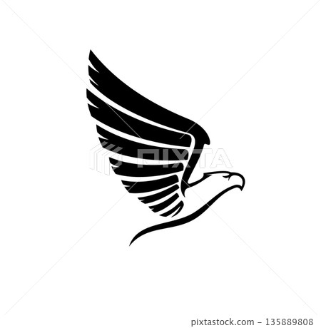 Eagle hawk or falcon vector icon. Black eagle in flight with feathered wings, black contour of streamlined body and sharp beak. Emblem usage, sport and aviation branding, mascot heraldry or tattoo 135889808