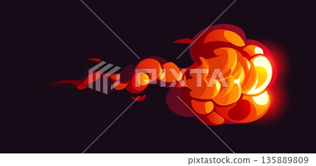 Cartoon magic red smoke effect with bright flame burst. Vector fiery explosion with glowing hot energy and abstract rounded shapes on dark background creating dynamic burning atmosphere Cartoon magic red smoke effect with bright flame burst. Vector fiery explosion with glowing hot energy and abstract rounded shapes on dark background creating dynamic burning atmosphere 135889809