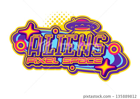 Space aliens Y2K retro icon or emblem. Space invaders Y2K vector sign, SCI-FI UFO vintage symbol. Galaxy extraterrestrial life funky emblem or aline icon with flying saucer and pixel typography 135889812