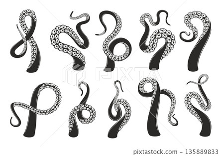 Octopus tentacles tattoo. Kraken or squid monster black and white arms curling upward with suction cups. Vector set of marine creature feeler swirling wraps, suggesting strength, fluidity, mystery Octopus tentacles tattoo. Kraken or squid monster black and white arms curling upward with suction cups. Vector set of marine creature feeler swirling wraps, suggesting strength, fluidity, mystery 135889833