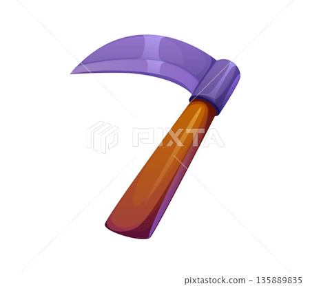 Cartoon number seven in the shape of scythe, agriculture typeface, farm font, harvest type, funny alphabet. Vector digit 7 farming tool abc character for kids education. Rustic countryside rural type 135889835