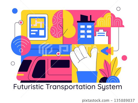 Futuristic Transportation System Vector Illustration Featuring Smart Mobility, Autonomous Vehicles, And Urban Infrastructure With Flat Background 135889837