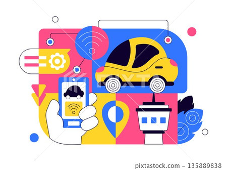 Futuristic Transportation System Vector Illustration Featuring Smart Mobility, Autonomous Vehicles, And Urban Infrastructure With Flat Background 135889838