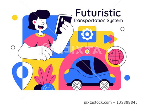 Futuristic Transportation System Vector Illustration Featuring Smart Mobility, Autonomous Vehicles, And Urban Infrastructure With Flat Background 135889843