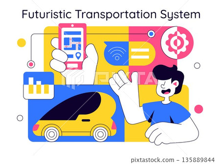 Futuristic Transportation System Vector Illustration Featuring Smart Mobility, Autonomous Vehicles, And Urban Infrastructure With Flat Background 135889844