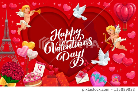 Paper cut heart shape on happy Valentine day greeting card. Romantic banner featuring cartoon cupids, doves, gifts, hearts, and the Eiffel tower around a large heart evoking love, joy, and celebration Paper cut heart shape on happy Valentine day greeting card. Romantic banner featuring cartoon cupids, doves, gifts, hearts, and the Eiffel tower around a large heart evoking love, joy, and celebration 135889858