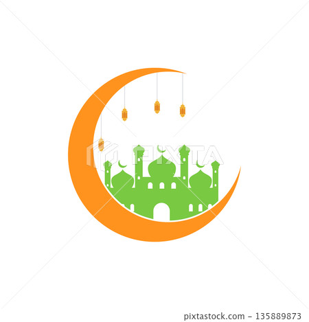 Green mosque crescent moon and lantern Green mosque crescent moon and lantern 135889873
