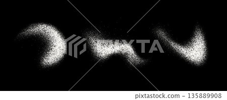 Salt or sugar powder splashes. White dust, sand or snow texture piles. Flying flower particles burst. Spices flakes or granules scattered on surface. Vector stipple sprayed grit speckles, dots, pieces Salt or sugar powder splashes. White dust, sand or snow texture piles. Flying flower particles burst. Spices flakes or granules scattered on surface. Vector stipple sprayed grit speckles, dots, pieces 135889908