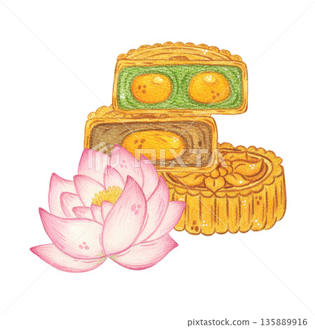 Lotus flower and a stack of moon cookies. Hand-drawn watercolor illustration, cartoon. Design for stickers, posters, cards, scrapbooking. Mid-Autumn Day, holiday, Asia, food, sweets, treat, traditions Lotus flower and a stack of moon cookies. Hand-drawn watercolor illustration, cartoon. Design for stickers, posters, cards, scrapbooking. Mid-Autumn Day, holiday, Asia, food, sweets, treat, traditions 135889916