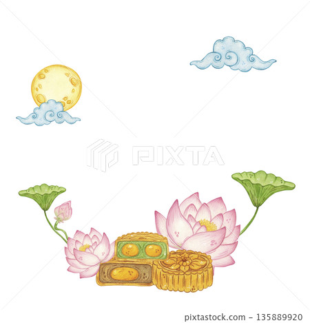 A composition of mooncakes, lotus flowers, buds, leaves, moon, and clouds. Hand-drawn watercolor illustration, cartoon. Design for stickers, posters, cards, scrapbooking. Mid-Autumn Day, Asia A composition of mooncakes, lotus flowers, buds, leaves, moon, and clouds. Hand-drawn watercolor illustration, cartoon. Design for stickers, posters, cards, scrapbooking. Mid-Autumn Day, Asia 135889920