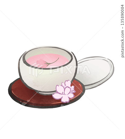 Sakura tea and teacups - A Japanese-style illustration of a spring celebration Sakura tea and teacups - A Japanese-style illustration of a spring celebration 135890084
