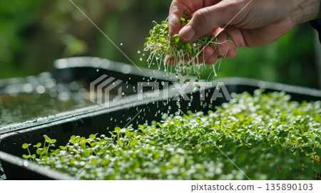 A handson shot of a person sprinkling water onto a tray of buckwheat sprouts ready to be used in their next meal 135890103