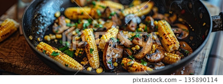 Thin slices of crisp baby corn and mushrooms tossed together in a pan of avocado oil their flavors complementing each other under the high heat 135890114