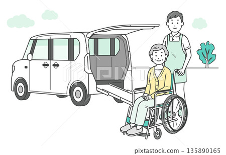 圖說:一位老婦人、一位男性護理員和一輛福利車輛正被送往養老院(2c)。 圖說:一位老婦人、一位男性護理員和一輛福利車輛正被送往養老院(2c)。 135890165