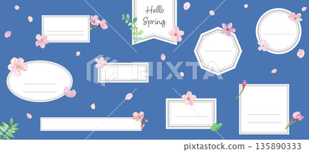 春季櫻花賀卡風格設計框架套裝，向量圖，留白，標題 135890333