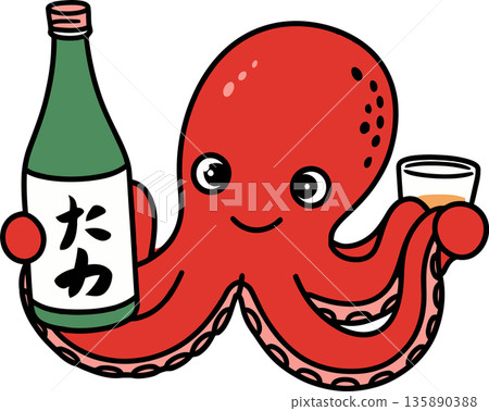 Octopus Holding Sake Bottle and Glass Cartoon Illustration 135890388