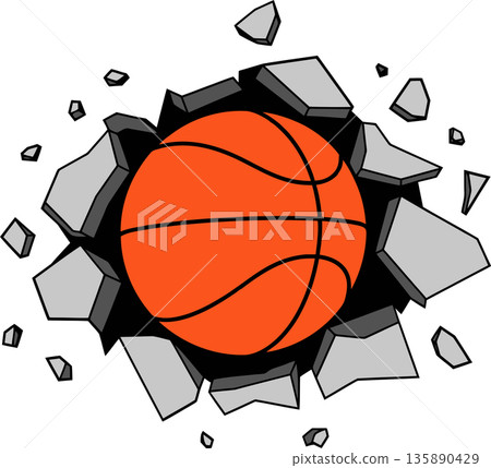 Basketball Crashing Through Wall Cartoon Illustration 135890429