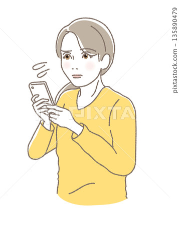 一位母親雙手拿著智慧型手機，焦慮地看著螢幕，她是一位三十多歲或四十多歲的年輕母親，正在操持家務，為育兒而擔憂。向量圖 135890479