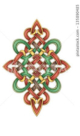 Traditional Celtic Knot Symbolizing Eternity, Luck, and Connection, with Red, Green, and Golden Colors, Isolated on White Background 135890485