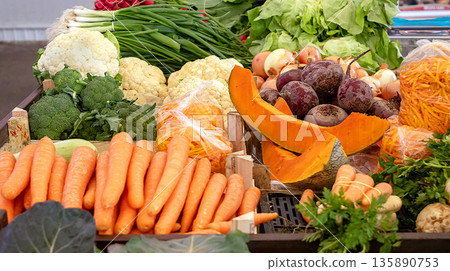 Fresh vegetables sold on farmers market Fresh vegetables sold on farmers market 135890753