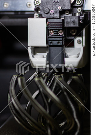 Closeup of tufting machine showcasing intricate fiber patterns and precise needle action Closeup of tufting machine showcasing intricate fiber patterns and precise needle action 135890847