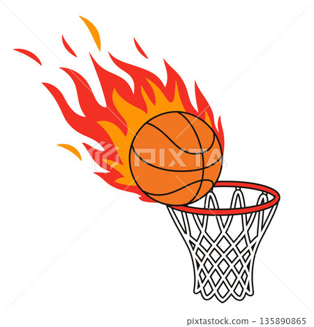 Flaming Basketball Entering Hoop Cartoon Illustration 135890865