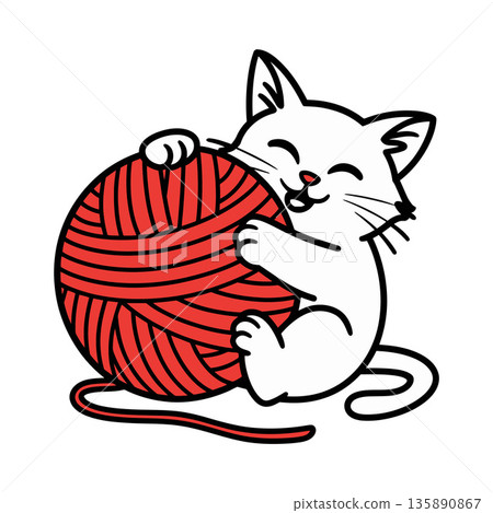 White Cat Hugging Red Yarn Ball Cartoon Illustration White Cat Hugging Red Yarn Ball Cartoon Illustration 135890867