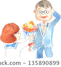 Vector illustration of a child giving a bouquet of flowers to his teacher 135890899