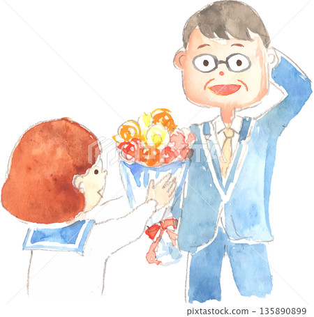 Vector illustration of a child giving a bouquet of flowers to his teacher 135890899