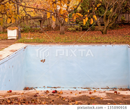 Empty swimming pool with dry leaves on bottom 135890916