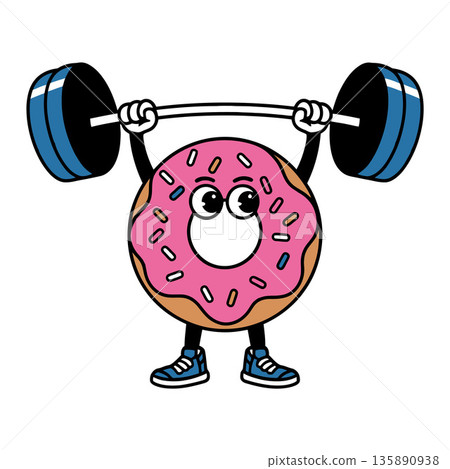 Donut Character Lifting Barbell Cartoon Illustration 135890938