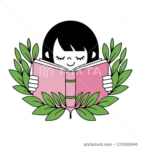 Girl Reading Pink Book with Leaf Wreath Cartoon Illustration Girl Reading Pink Book with Leaf Wreath Cartoon Illustration 135890940