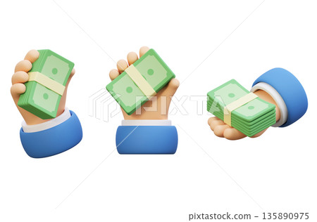 3D hand holding a thick stack of cash in claymorphism style 135890975