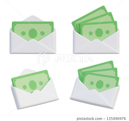 3D white paper envelope filled with cash banknotes in cartoon style  135890976