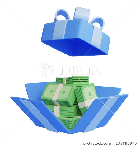 3D cartoon gift box overflowing with bundles of money 135890979